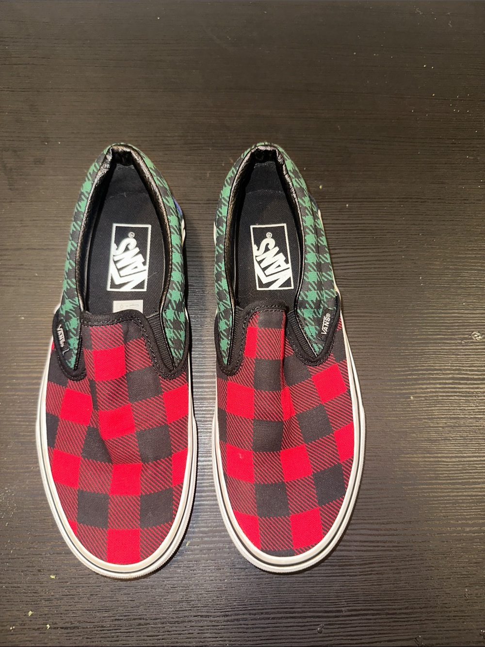 Vans Kids Red & Black Plaid Slip-On with Green Patterned Collar